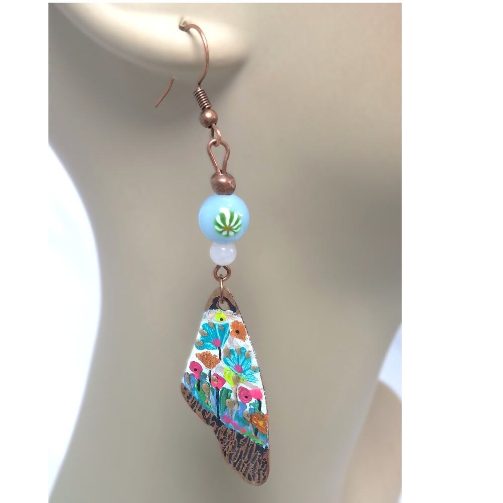 Artisan Floral Copper Butterfly Earrings Dangle Hand Painted Wings Pastel Beaded